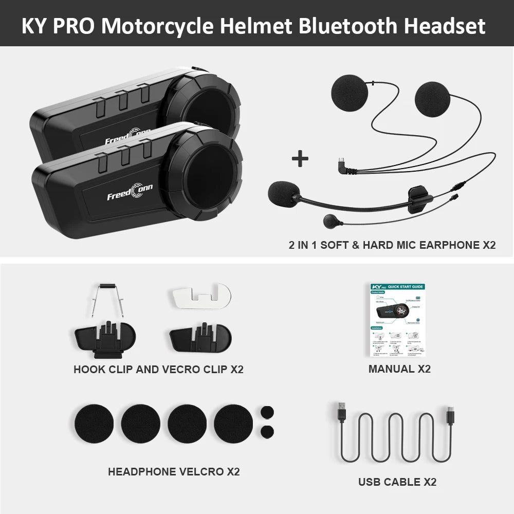 Motorcycle Helmet Intercom Freedconn KY Pro Bluetooth Headset 6 Riders 1000m