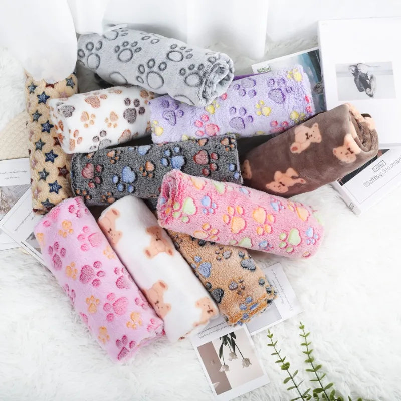 Pet Mat Warm Soft Fleece Blanket for Dog Cat Paw Print Bed