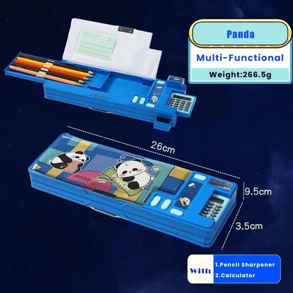 Double Layer Pencil Case with Calculator Sharpener Storage Box for School