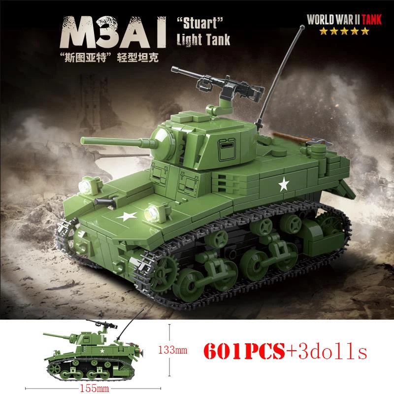 WW2 US M3A1 Stuart M4A3 Sherman Tank Building Blocks Military Brick Set