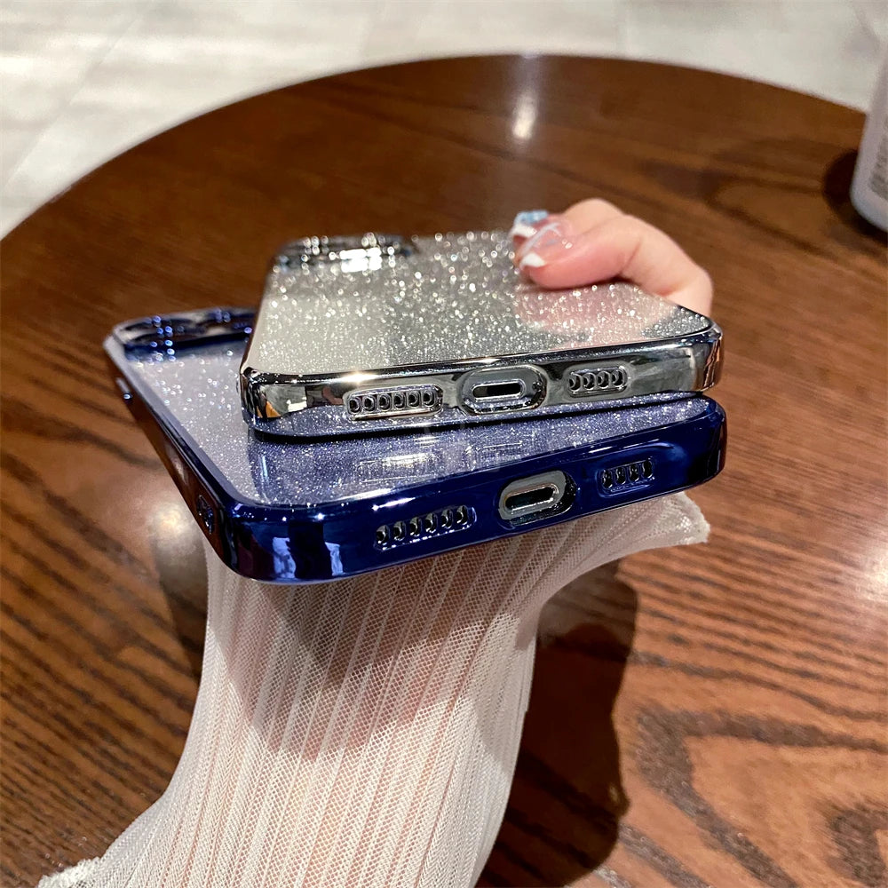 Square Glitter Plating Case for iPhone 11-16 Pro Max Mini XR XS Clear Cover