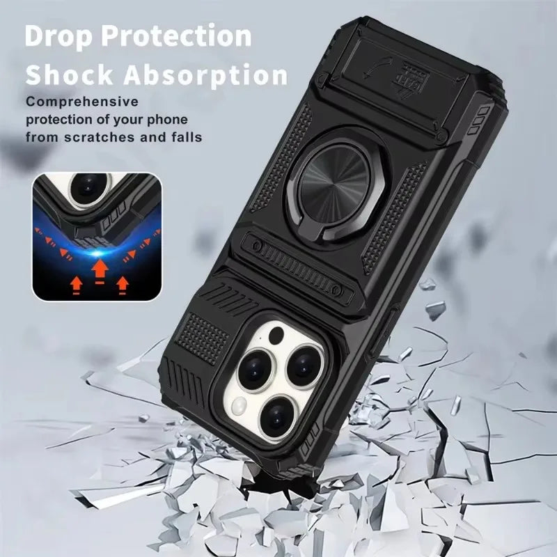 iPhone 11-16 Pro Max Ring Kickstand Wallet Case Heavy Duty Shockproof Cover