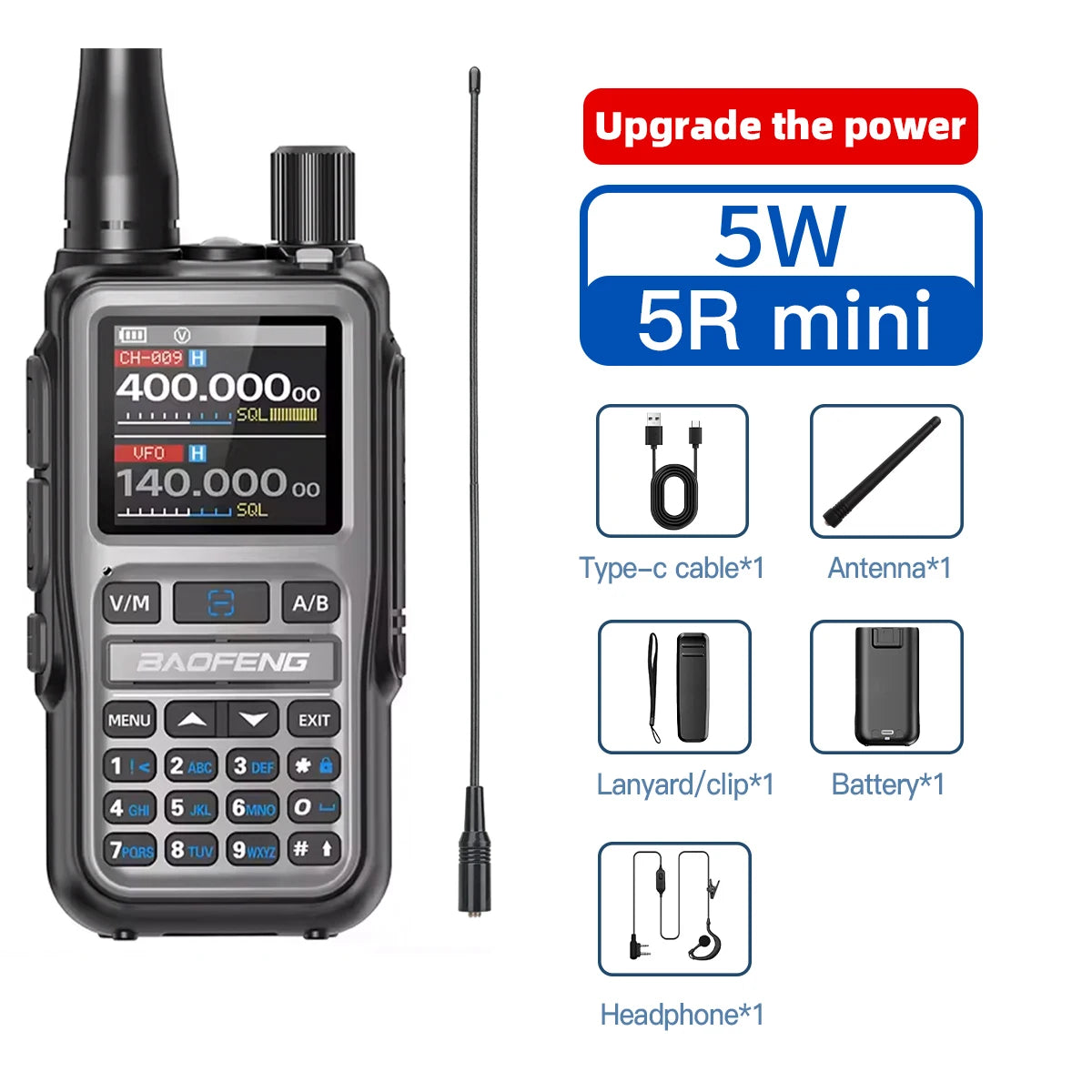 1PC Baofeng Walkie Talkie Long Range Radio 5RMINI Type-C Charger 1600mAh