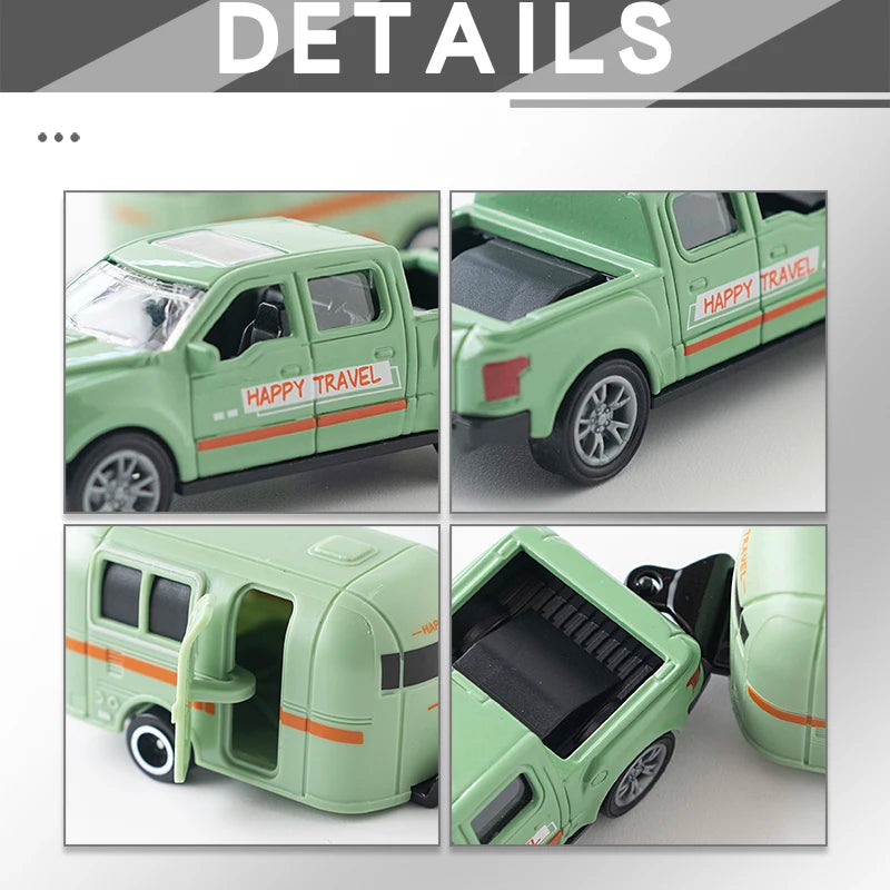 1:64 Alloy Diecast Pickup Caravan Car Miniature Model Pull Back Toy