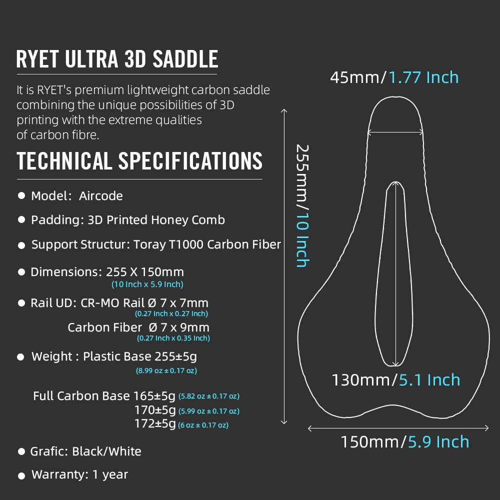 RYET 3D Carbon Bike Saddle | Breathable Hollow Road MTB Seat for Bicycles