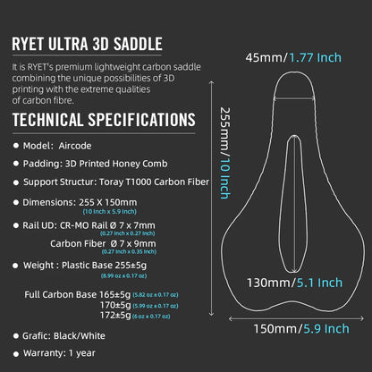 RYET 3D Carbon Bike Saddle | Breathable Hollow Road MTB Seat for Bicycles