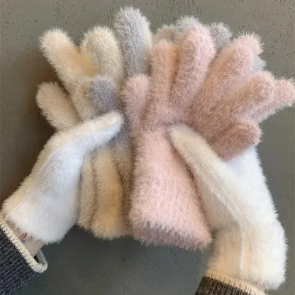 Warm Women Mink Velvet Finger Gloves Plush Five Finger Mittens Winter