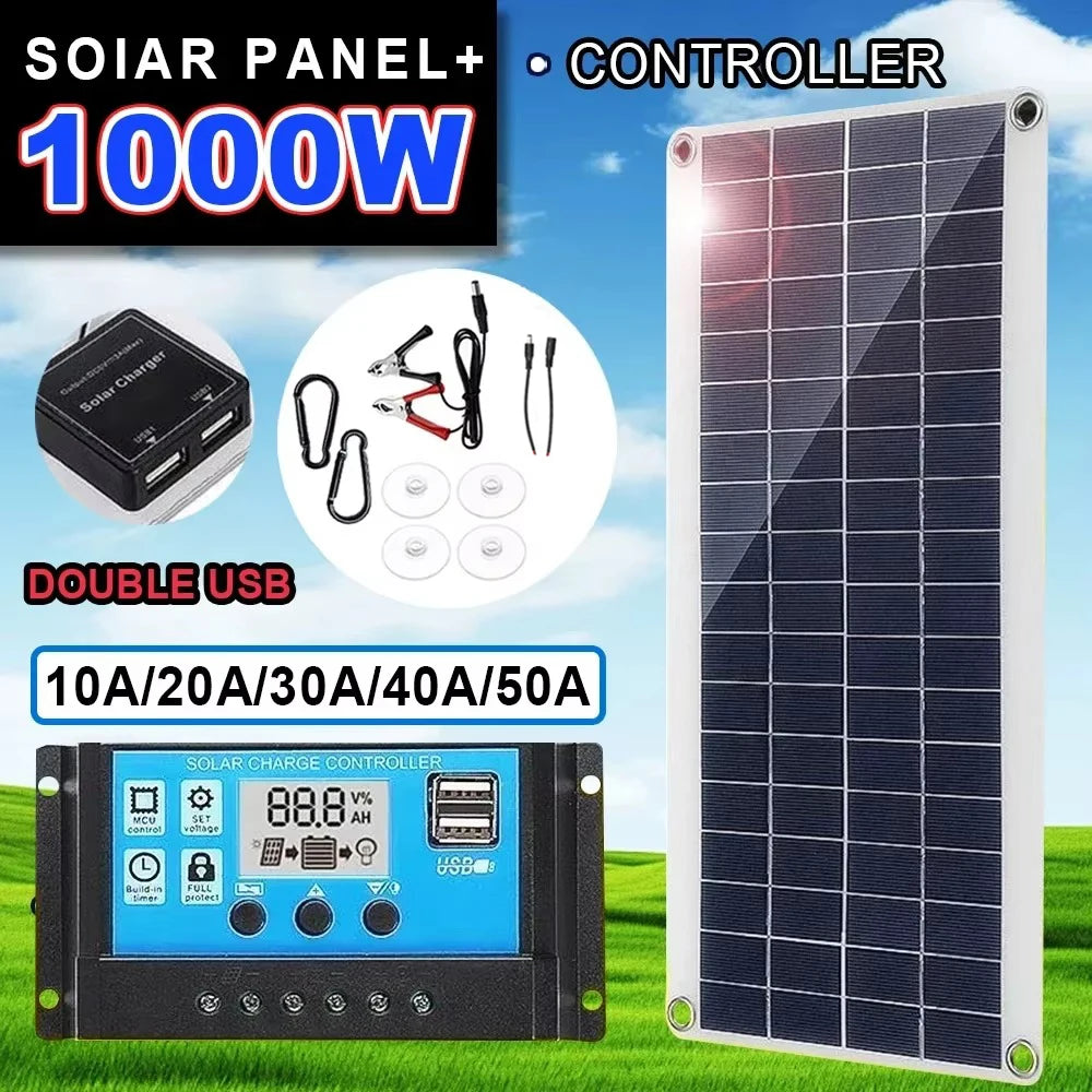 1000W 12V Solar Panel Kit with 10A-100A Controller for RV Caravan Battery