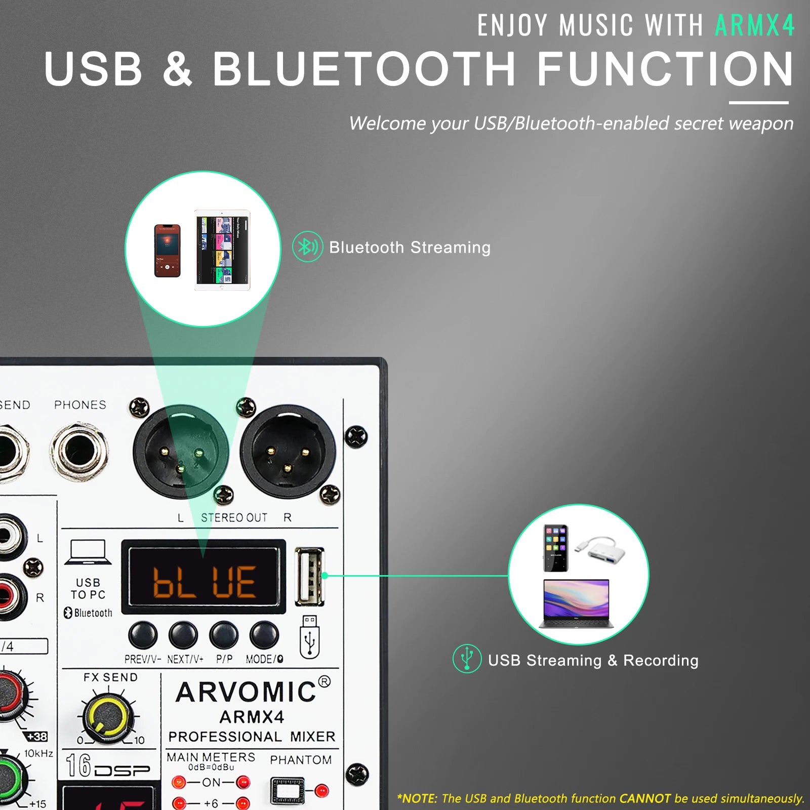 4-Channel Audio Mixer, ARVOMIC DJ Mixer with USB Audio Interface, Bluetooth Function, 16 DSP Effects, and 3-Band EQ (ARMX-4)-EXPROTAS
