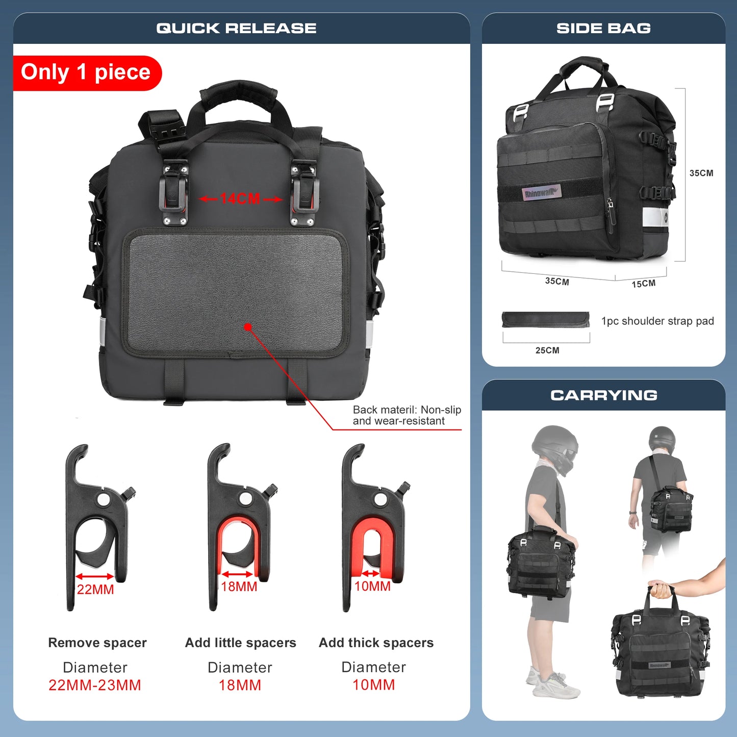 Rhinowalk Motorcycle Saddlebag 20-30L Universal Side Bag Waterproof Inner Bag