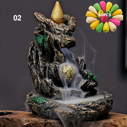 Backflow Incense Holder Waterfall Burner Ceramic Smoke Censer with 60 Cones