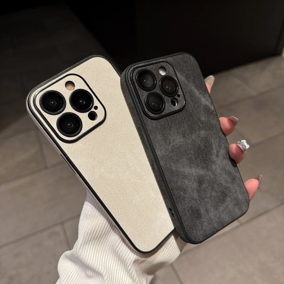 Washed Leather Fabric Phone Case for iPhone 11-17 Air Pro Max Lens Protection