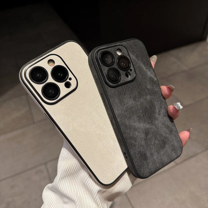 Washed Leather Fabric Phone Case for iPhone 11-17 Air Pro Max Lens Protection