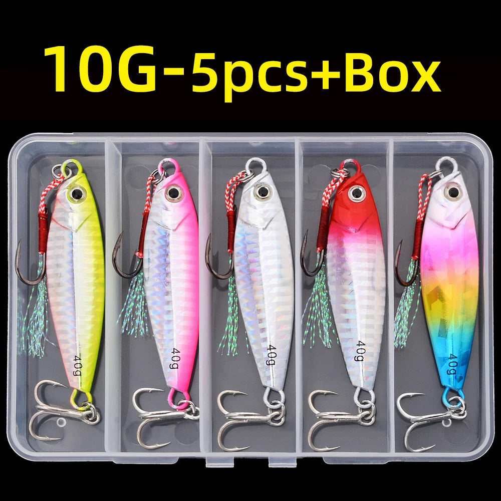 Aorace 5Pcs Metal Jig Lure Cast Spoon 10G 20G 30G 40G Artificial Bait Shore Fishing Jigging Metal Bass Fishing Lure With box
