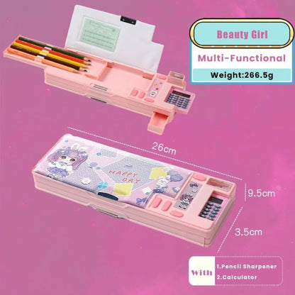 Double Layer Pencil Case with Calculator Sharpener Storage Box for School