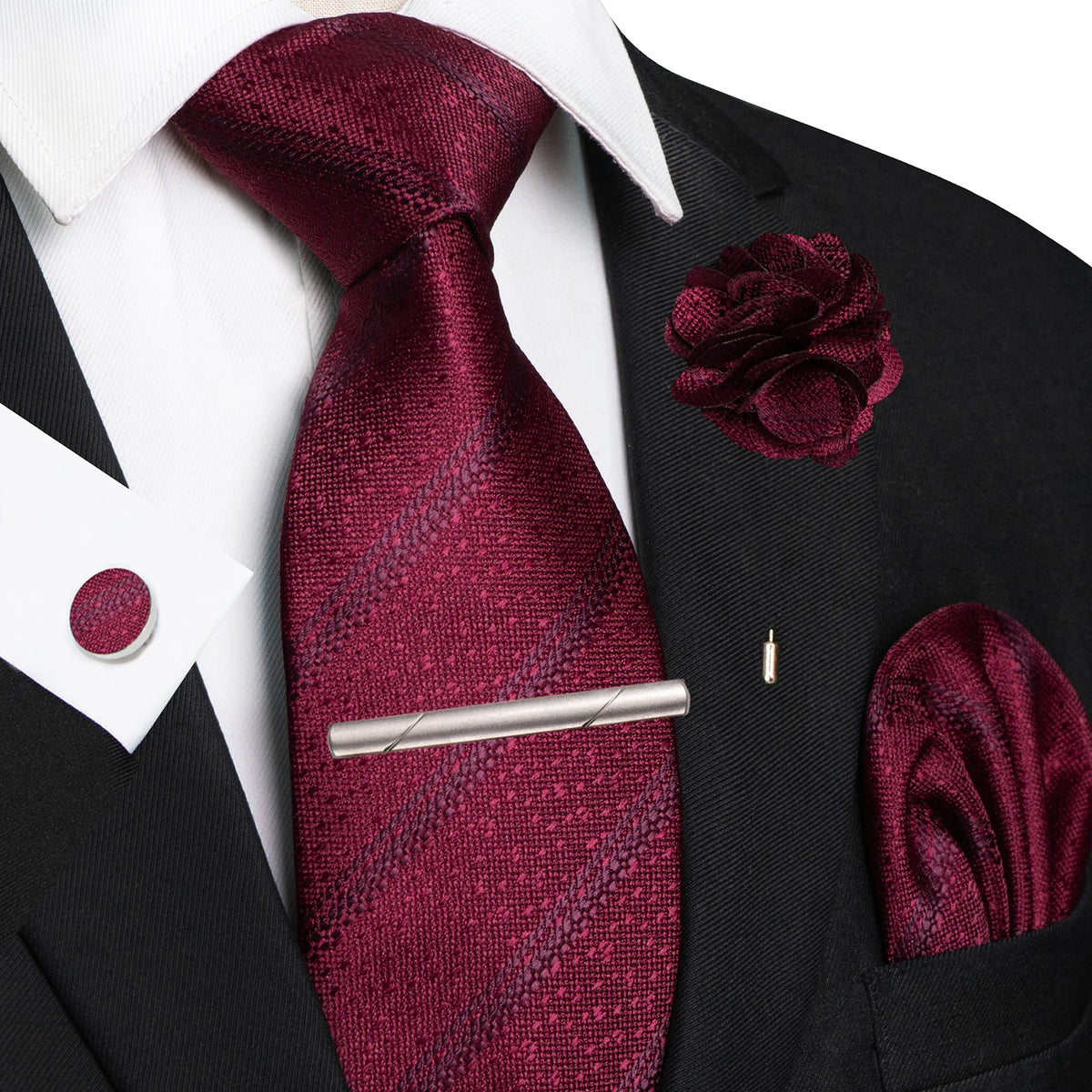 Men's Plaid Tie Clip Set with Pocket Square Cufflinks Wedding Accessories