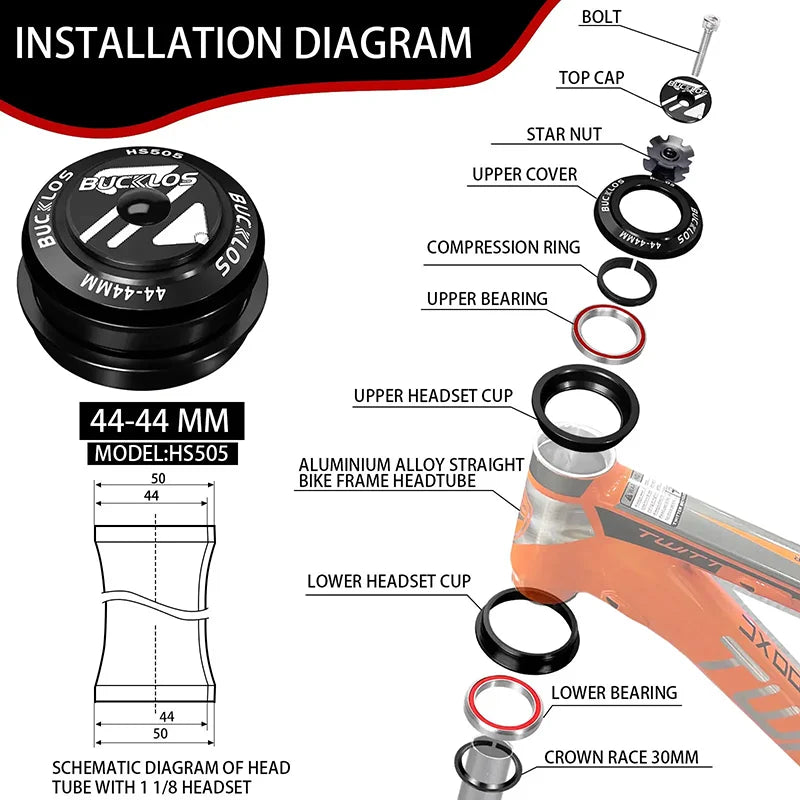 Bike Headset 1-1/8" Sealed Bearing 34/44/50.6/52/55/56mm MTB Fork