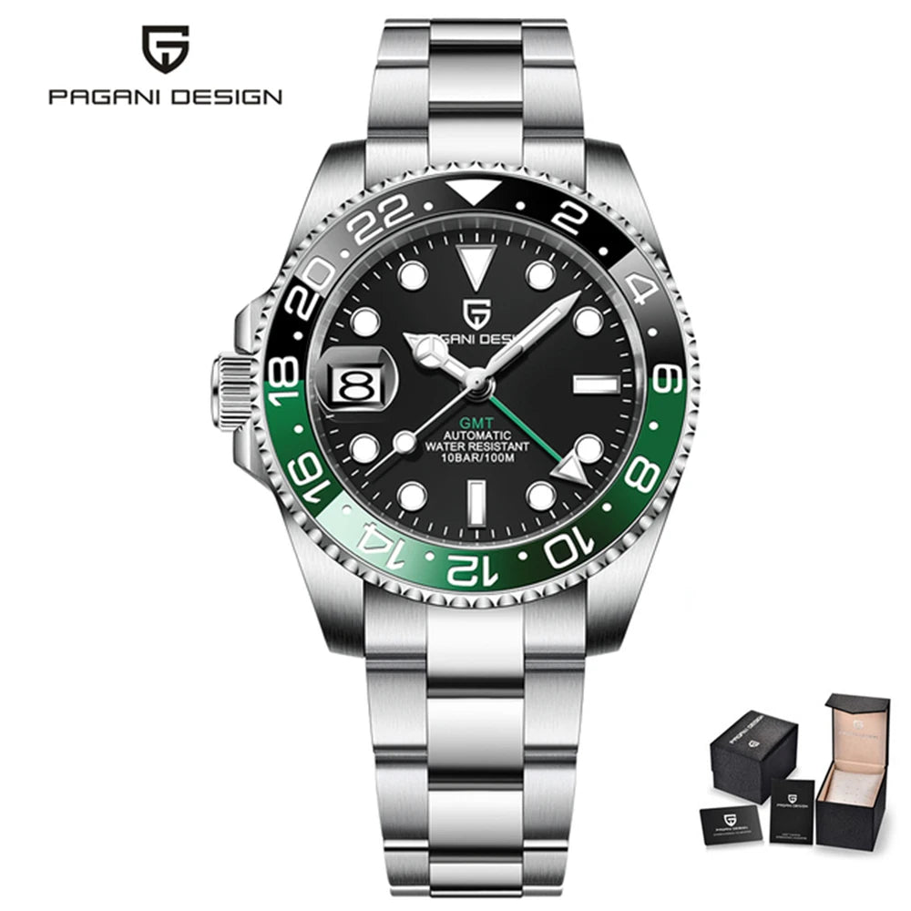 PAGAN DESIGN PD-1662 Luxury GMT Men Mechanical Wristwatch Sapphire Glass Stainless Steel 100M Waterproof Automatic Watches-EXPROTAS