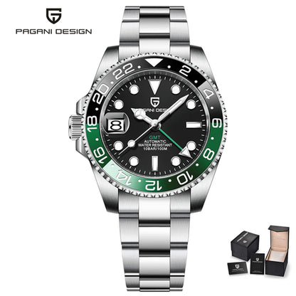 PAGAN DESIGN PD-1662 Luxury GMT Men Mechanical Wristwatch Sapphire Glass Stainless Steel 100M Waterproof Automatic Watches-EXPROTAS