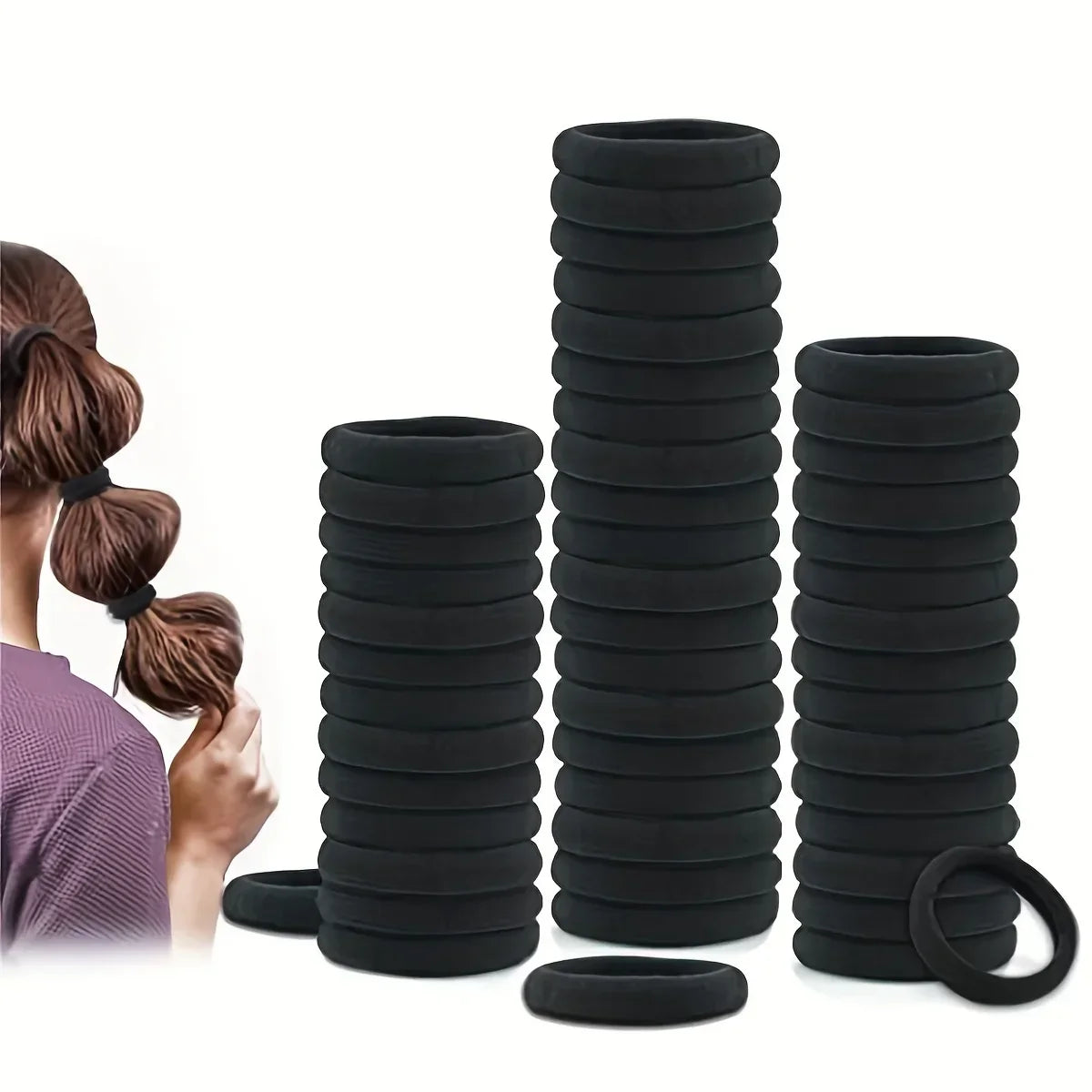 50Pcs Black Ponytail Holders Elastic Hair Bands for Girls Women Accessories