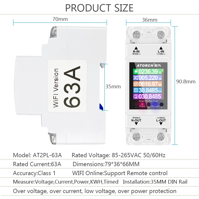 ATORCH 63A WiFi Smart Switch Circuit Breaker Timer Energy KWh Meter Tuya