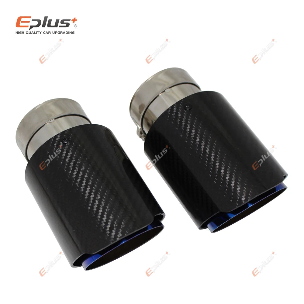 Universal Glossy Carbon Fiber Exhaust Tip Stainless Blue Straight Muffler