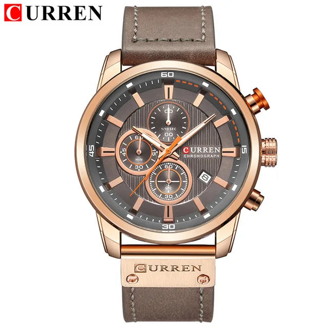 Curren Mens Watch Waterproof Quartz Chronograph Leather Strap 8291