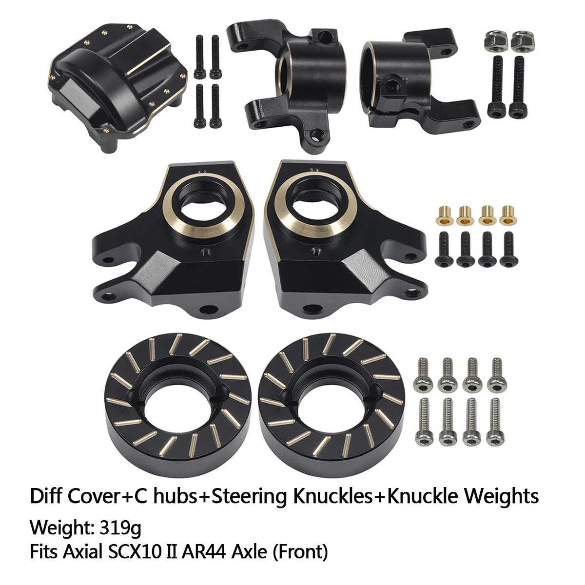 Axial SCX10 II AR44 Black Brass Weight Set Diff Cover Knuckles C-Hubs Link Mounts