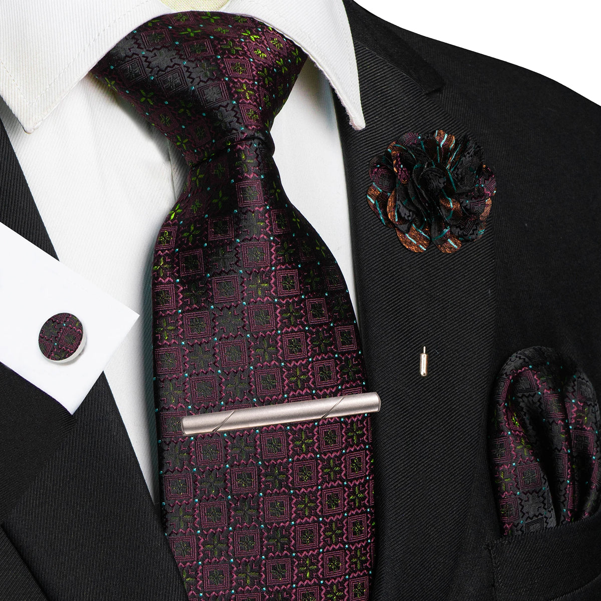 Men's Plaid Tie Clip Set with Pocket Square Cufflinks Wedding Accessories