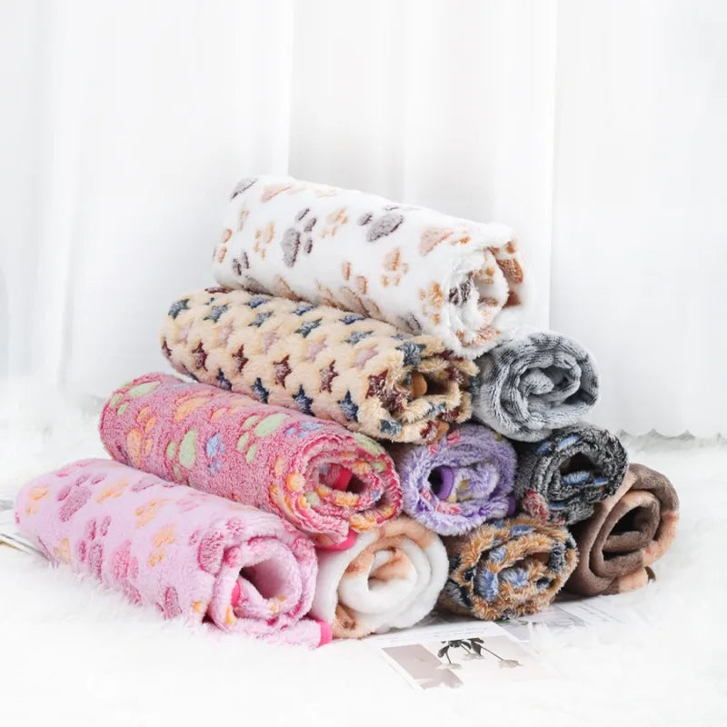 Pet Mat Warm Soft Fleece Blanket for Dog Cat Paw Print Bed
