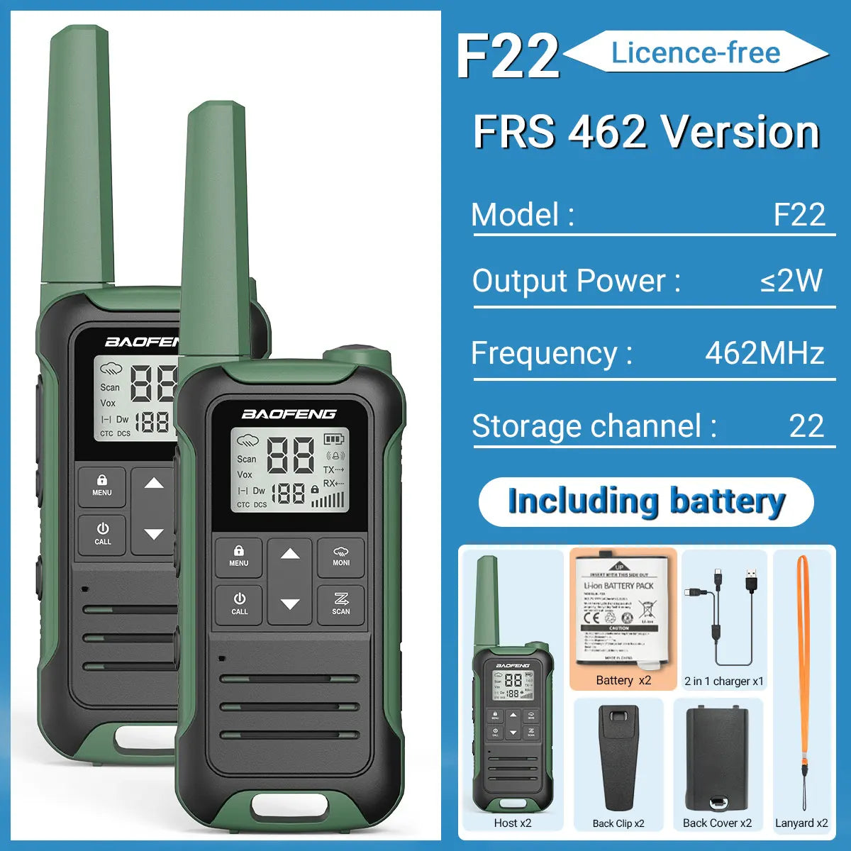 2Pcs Walkie Talkie Baofeng F22 Long Range PMR446 2-Way Radio for Camping