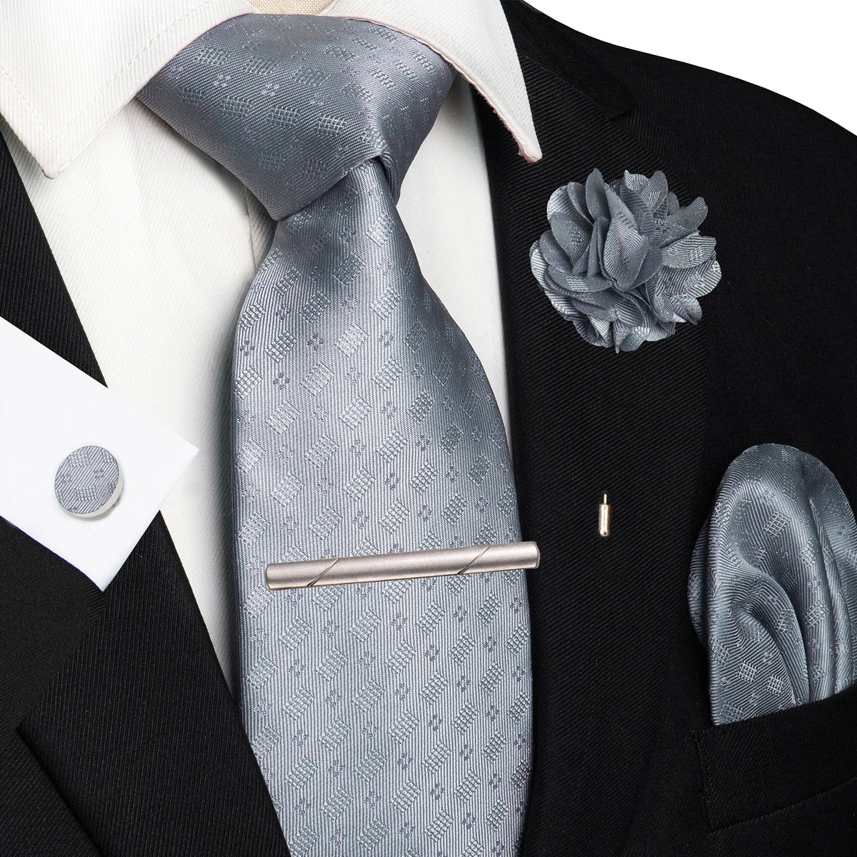 Men's Plaid Tie Clip Set with Pocket Square Cufflinks Wedding Accessories