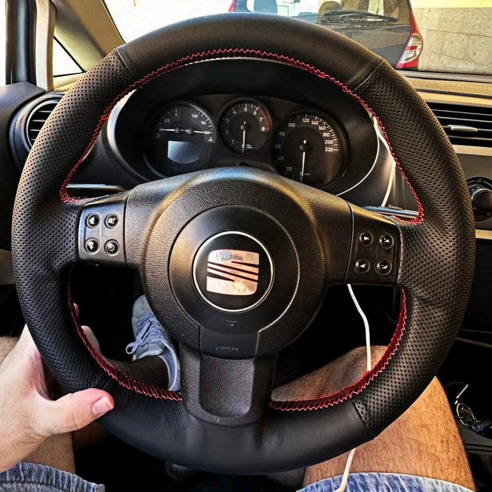 Leather Steering Wheel Cover for Seat Leon Mk2 Ibiza 2006-2008 Black