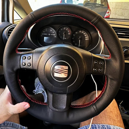 Leather Steering Wheel Cover for Seat Leon Mk2 Ibiza 2006-2008 Black