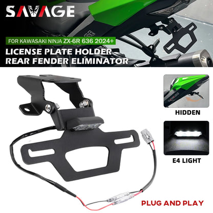 For Kawasaki ZX-6R ZX-636 Hidden License Plate Holder Tail Tidy LED Light 2024-2025