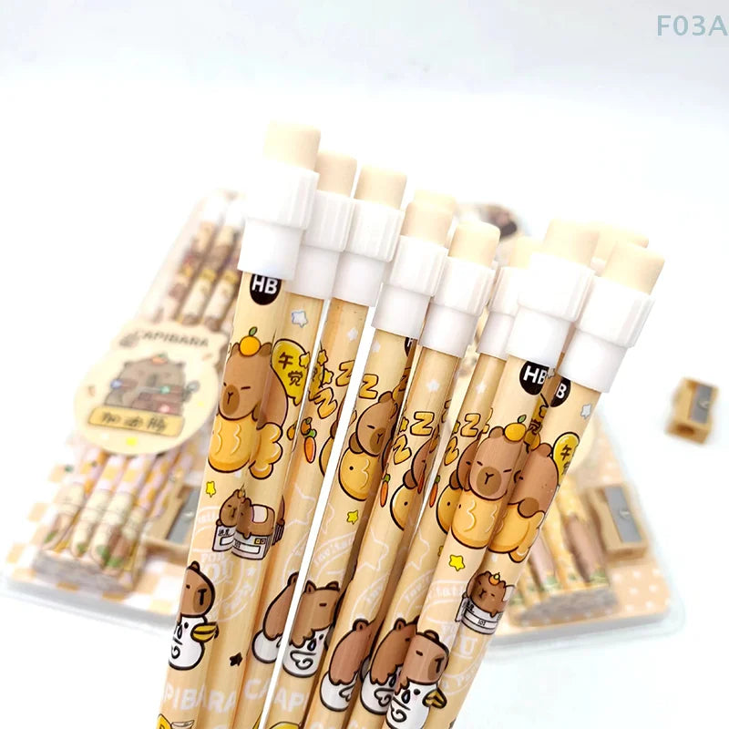 12Pcs Capybara Pencils Cute HB with Sharpener for School Stationery