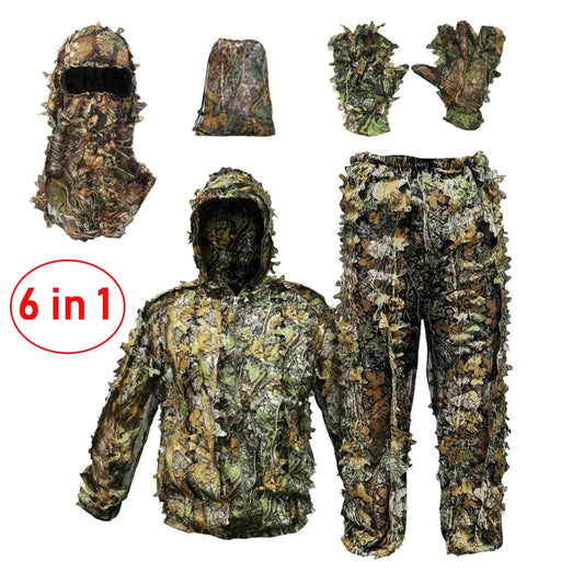 6-in-1 Ghillie Suit Camo Hunting Set Leafy Hooded Lightweight for Men/Women