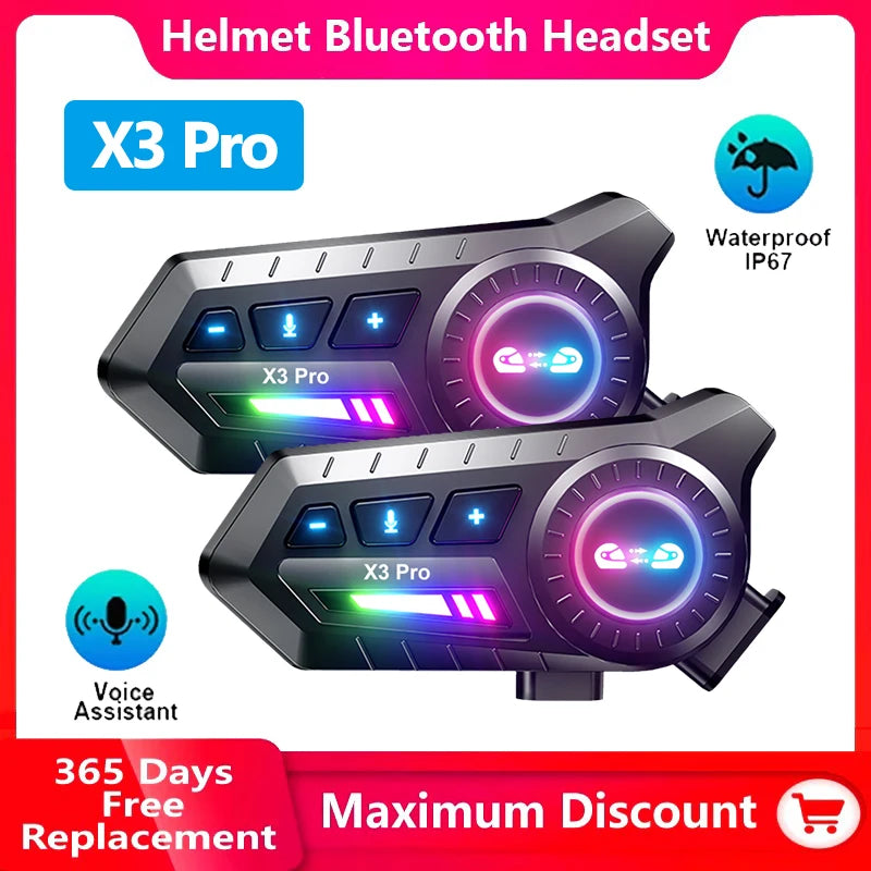 Motorcycle Helmet Bluetooth Headset X3 Pro 1000m 2-Rider Intercom IPX6