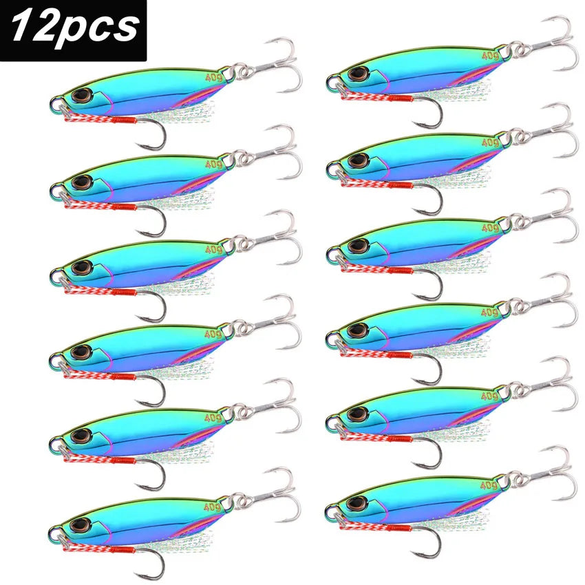 12Pcs Fishing Lure Metal Jigs Spoon Bait 40g 30g 20g 15g Mackerel Bass