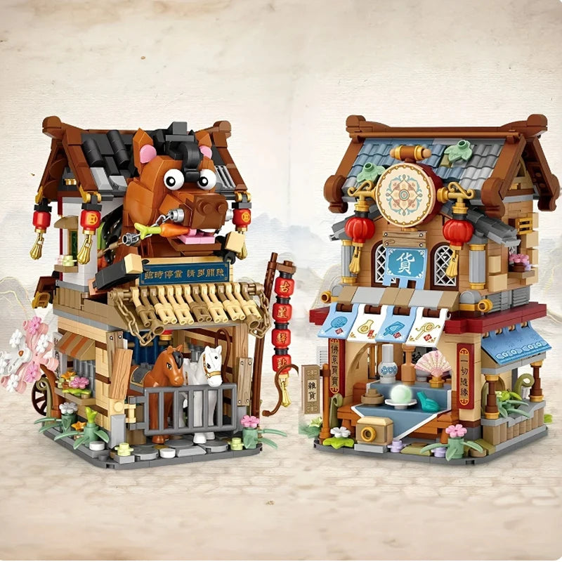 Street View Building Blocks Izakaya Shaved Ice Takoyaki Coffee Panda Tea House Model