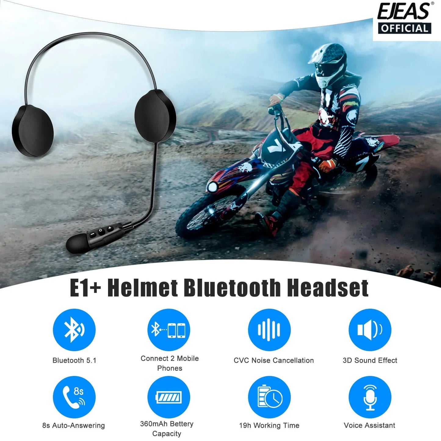 EJEAS E1+ Motorcycle Helmet Bluetooth Headset Music Speaker Remote Option