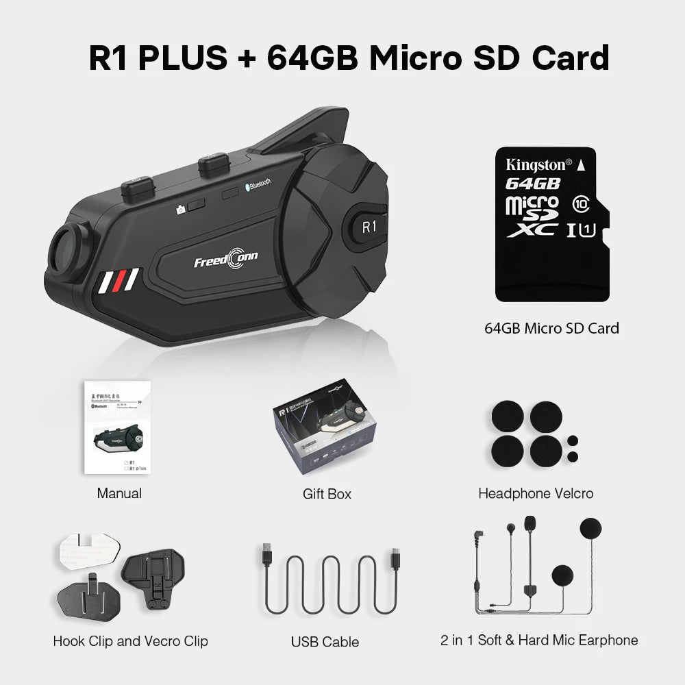 Freedconn R1Plus Bluetooth Motorcycle Helmet Intercom Headset with WiFi App and Dash Cam