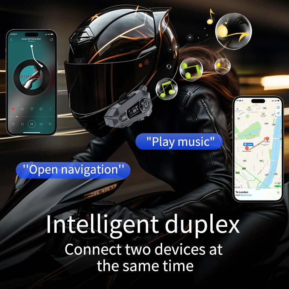 BT5.3 Motorcycle Helmet Bluetooth Headset FM Radio LED Display Waterproof