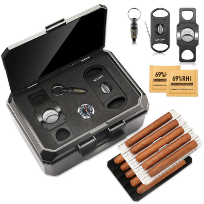 Travel Humidor Box Portable Cigar Case with Cutter and Lighter Holder