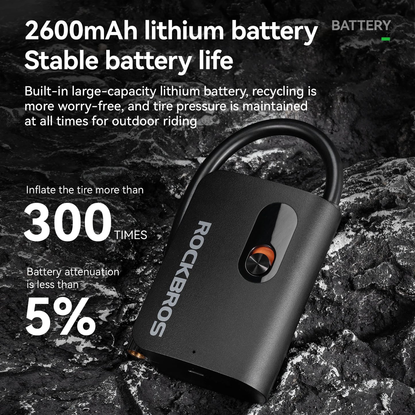 ROCKBPROS Mini Portable Bicycle Electric Pump 70psi 2600mAH Tire Air Inflator Pump MTB Road Bike Electric Vehicle Cycling Pump