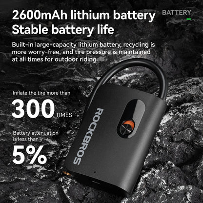 ROCKBPROS Mini Portable Bicycle Electric Pump 70psi 2600mAH Tire Air Inflator Pump MTB Road Bike Electric Vehicle Cycling Pump