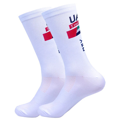 White UAE Cycling Socks FDJ Team Mesh Compression Non-Slip MTB Running
