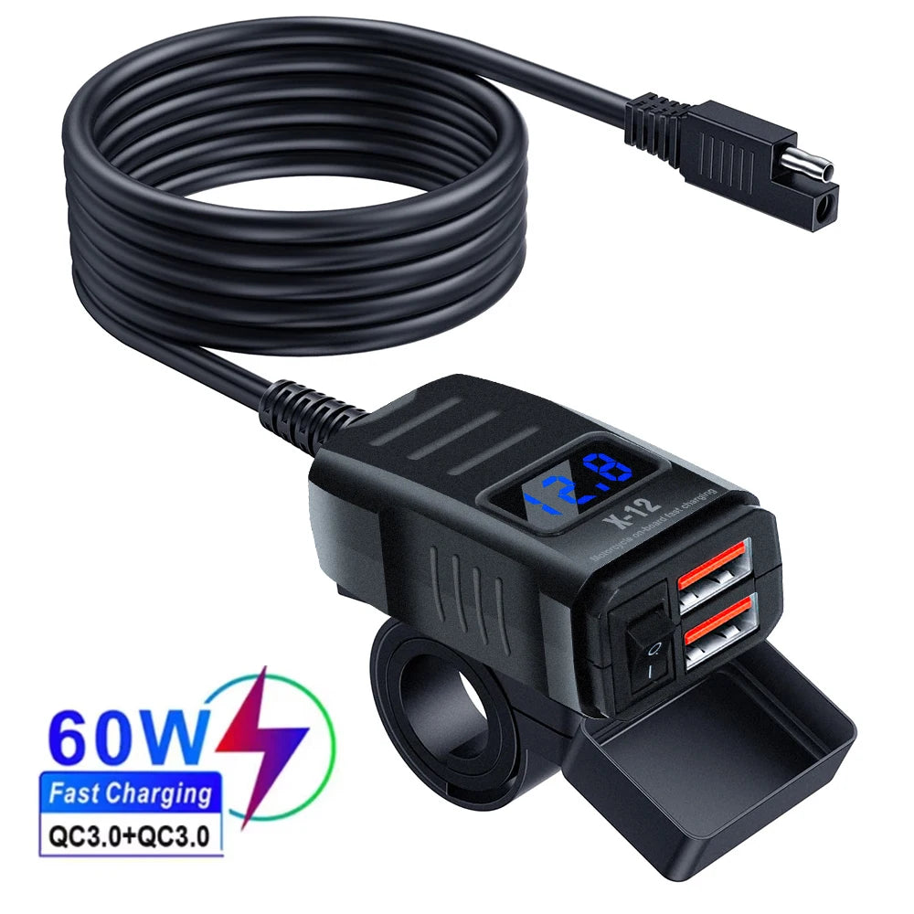 Dual USB Socket Motorcycle Charger 60W Waterproof PD QC3.0 Voltmeter Handlebar