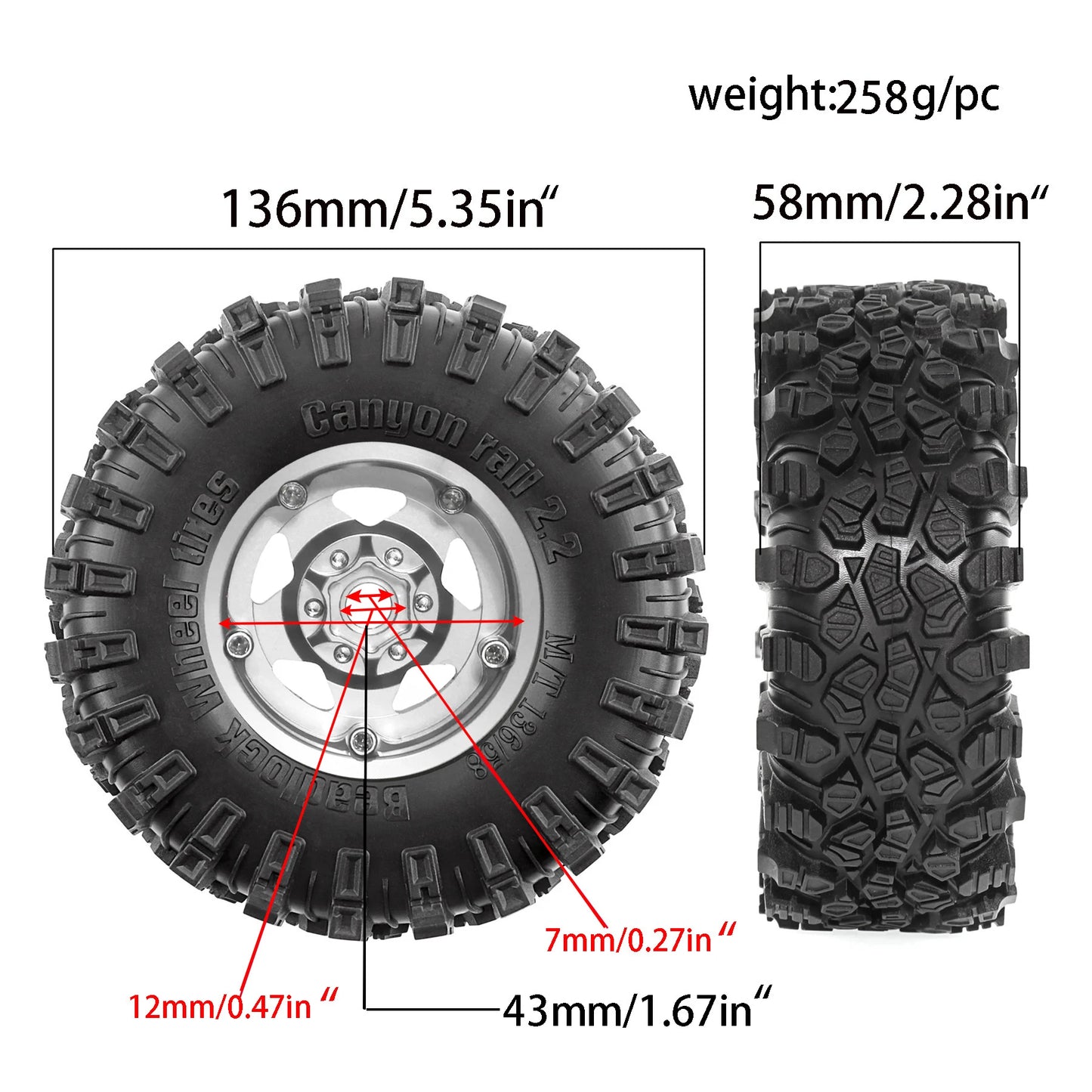 2.2 RC Crawler Tires & Metal Beadlock Wheels 4pcs for 1/10 1/8 SCX10 TRX4