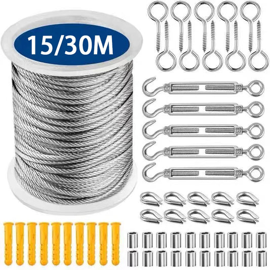 15/30M PVC Coated Steel Wire Rope Kit 304 Cable for Fence Balcony Garden